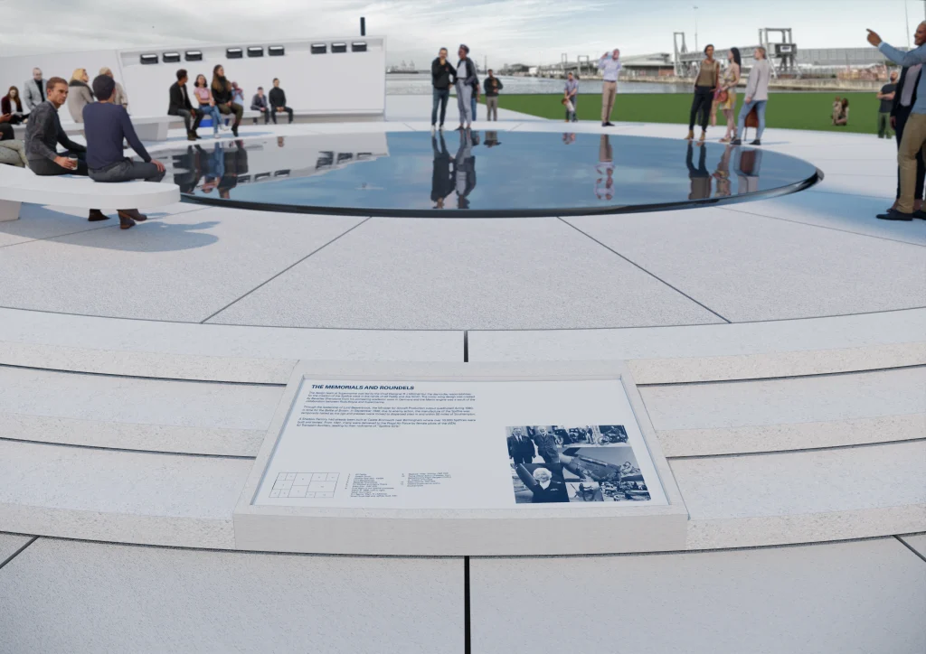 A modern outdoor memorial space with people sitting and standing around a circular reflective pool; a plaque with text and images is displayed in the foreground on white stone steps.