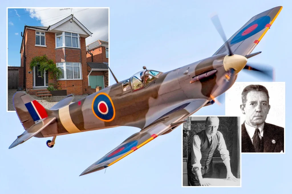 A British Spitfire aeroplane in flight is centred, with inset photos showing a brick house, a man in a suit, and a man leaning over a table, all against a pale blue background.