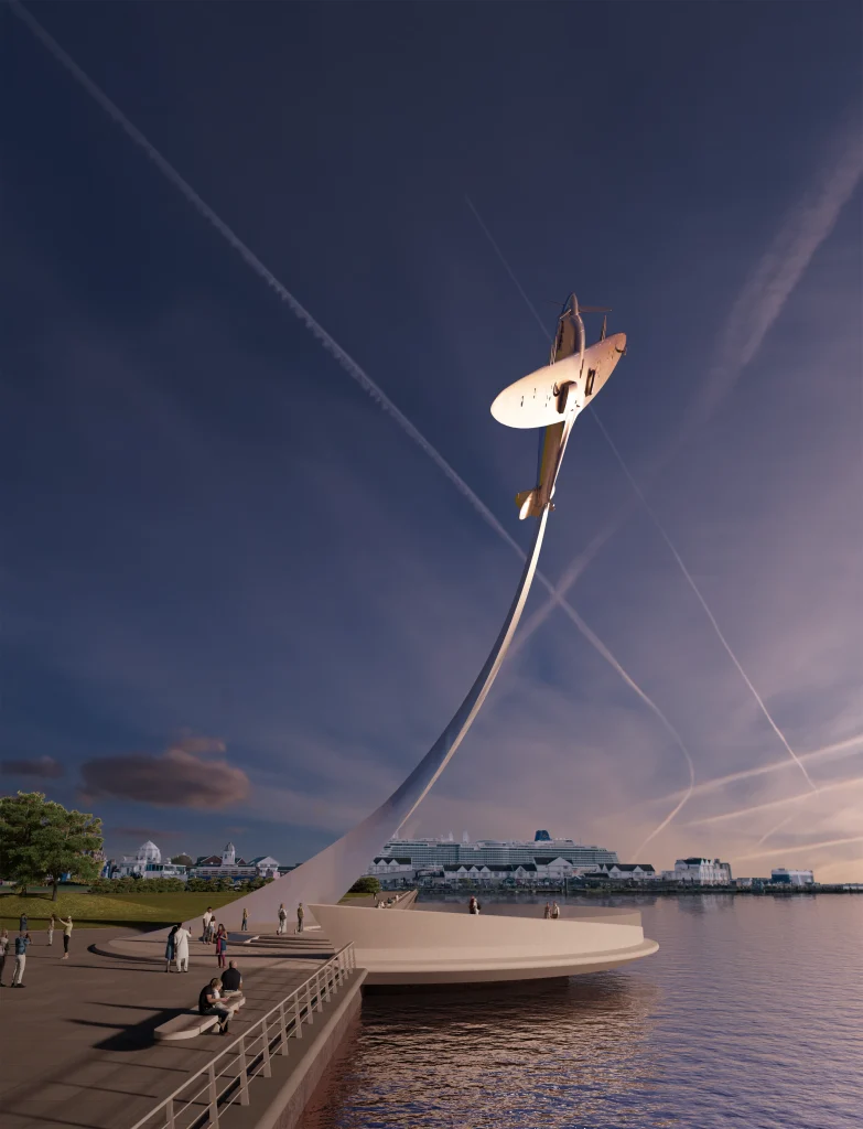A sleek sculpture of an aeroplane soars upward on a curved plinth above a waterfront promenade, with people walking nearby and a cityscape in the background under a dramatic sky.