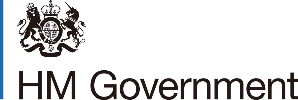 The image displays the HM Government logo, featuring the UK royal coat of arms with a lion and unicorn above the words HM Government in bold black text on a white background.
