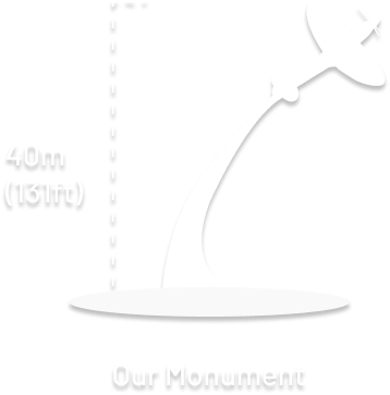 A white, stylised illustration of a tall, leaning monument with a circular base and a pointed top. Text on the left reads 40m (131ft) and below the monument it says Our Monument.